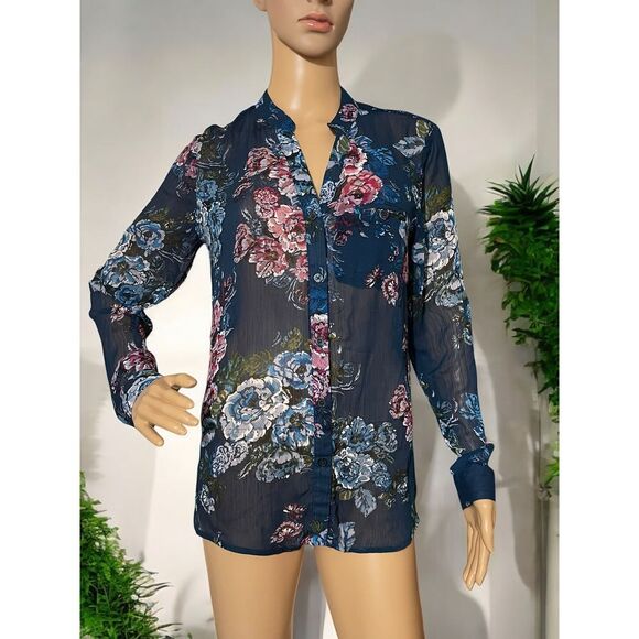 Kut from‎ the Kloth Sheer Navy Floral Button Down Blouse Long Sleeve Top Size S - Picture 1 of 10